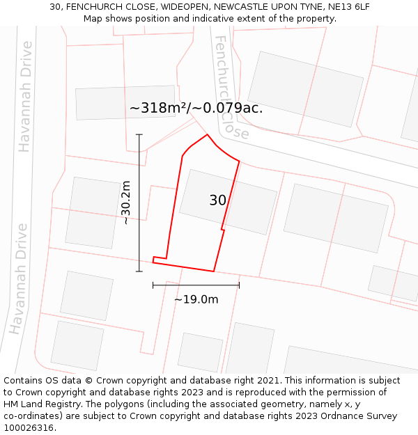 30, FENCHURCH CLOSE, WIDEOPEN, NEWCASTLE UPON TYNE, NE13 6LF: Plot and title map