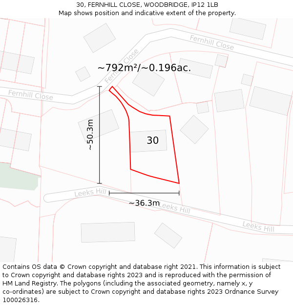 30, FERNHILL CLOSE, WOODBRIDGE, IP12 1LB: Plot and title map