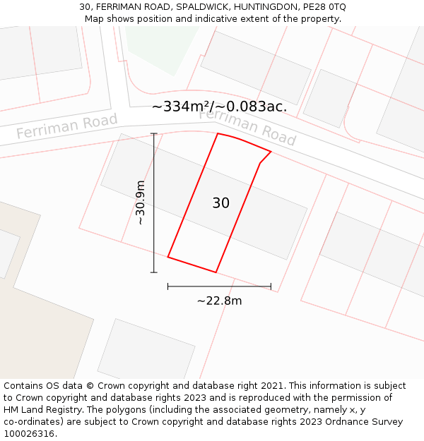 30, FERRIMAN ROAD, SPALDWICK, HUNTINGDON, PE28 0TQ: Plot and title map