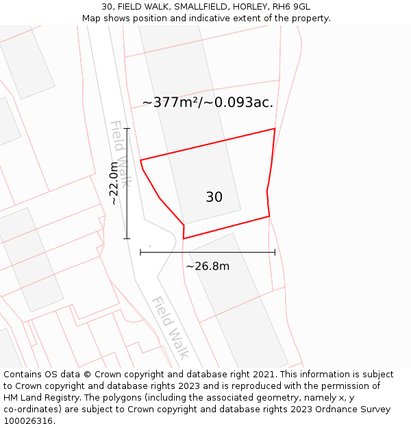 30, FIELD WALK, SMALLFIELD, HORLEY, RH6 9GL: Plot and title map