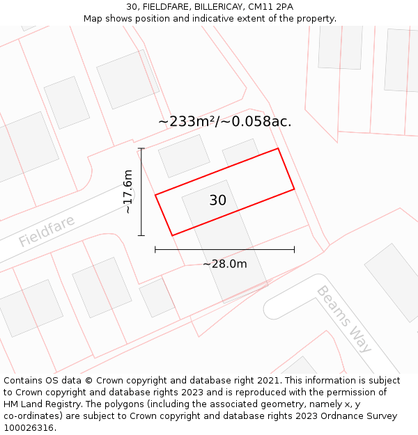 30, FIELDFARE, BILLERICAY, CM11 2PA: Plot and title map