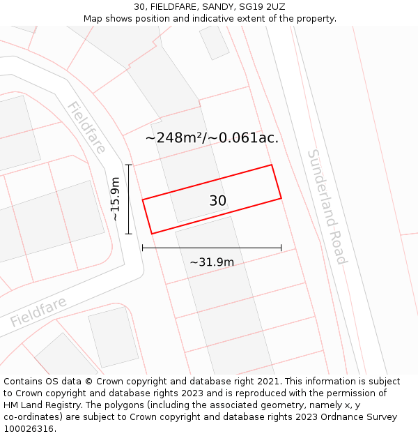 30, FIELDFARE, SANDY, SG19 2UZ: Plot and title map