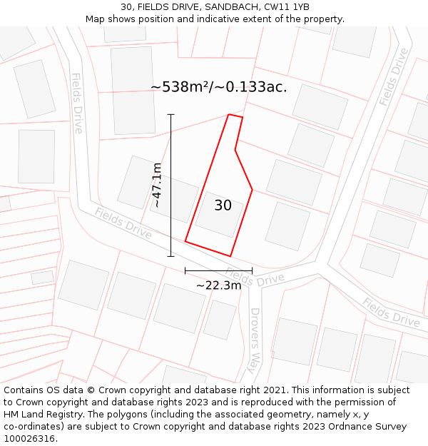 30, FIELDS DRIVE, SANDBACH, CW11 1YB: Plot and title map