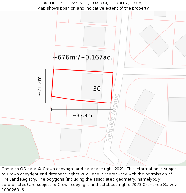30, FIELDSIDE AVENUE, EUXTON, CHORLEY, PR7 6JF: Plot and title map