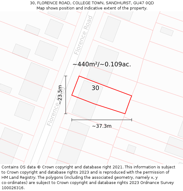 30, FLORENCE ROAD, COLLEGE TOWN, SANDHURST, GU47 0QD: Plot and title map