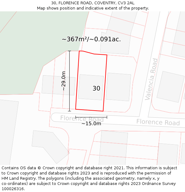 30, FLORENCE ROAD, COVENTRY, CV3 2AL: Plot and title map