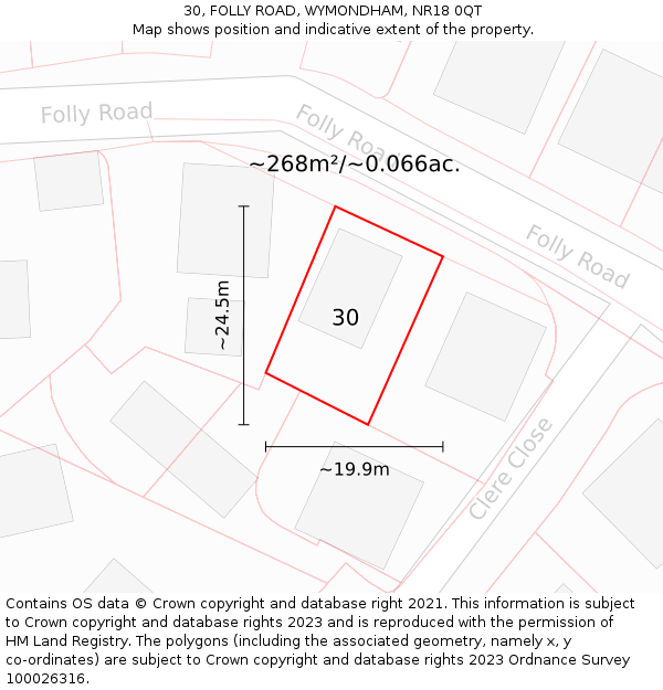 30, FOLLY ROAD, WYMONDHAM, NR18 0QT: Plot and title map