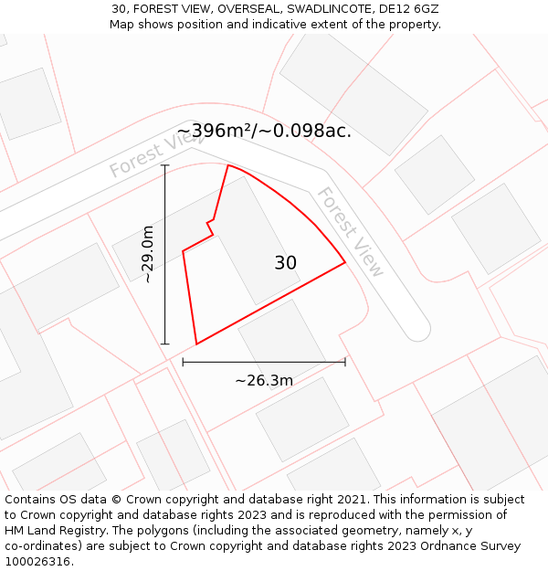 30, FOREST VIEW, OVERSEAL, SWADLINCOTE, DE12 6GZ: Plot and title map