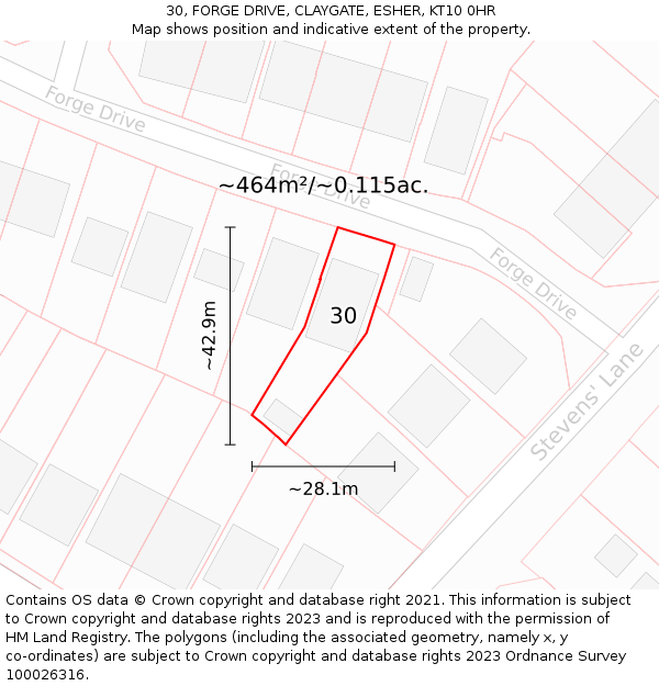 30, FORGE DRIVE, CLAYGATE, ESHER, KT10 0HR: Plot and title map