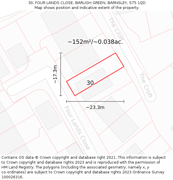 30, FOUR LANDS CLOSE, BARUGH GREEN, BARNSLEY, S75 1QD: Plot and title map