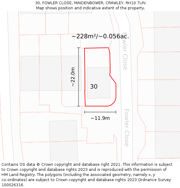 30, FOWLER CLOSE, MAIDENBOWER, CRAWLEY, RH10 7UN: Plot and title map