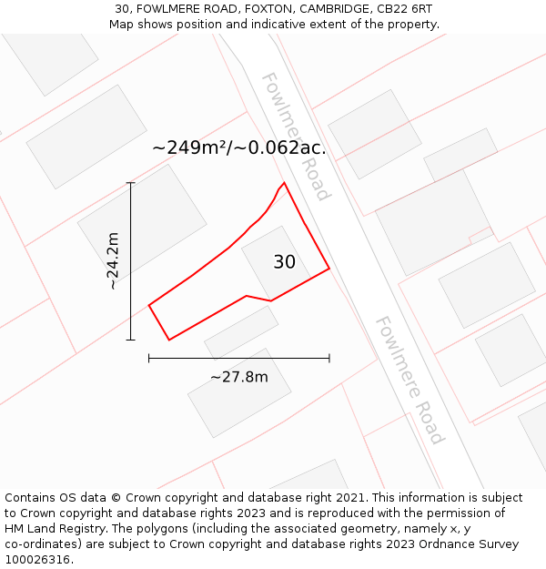 30, FOWLMERE ROAD, FOXTON, CAMBRIDGE, CB22 6RT: Plot and title map