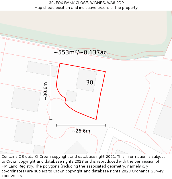 30, FOX BANK CLOSE, WIDNES, WA8 9DP: Plot and title map