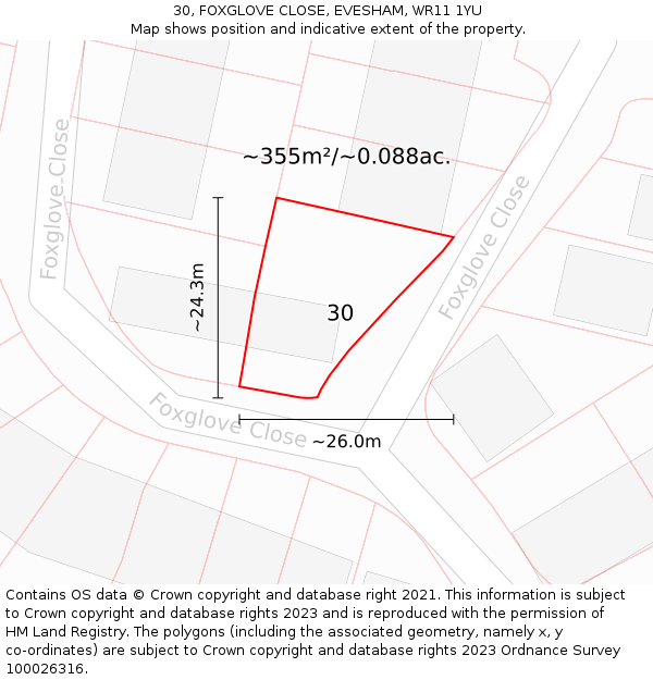 30, FOXGLOVE CLOSE, EVESHAM, WR11 1YU: Plot and title map