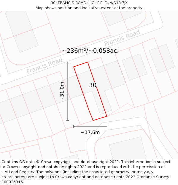 30, FRANCIS ROAD, LICHFIELD, WS13 7JX: Plot and title map