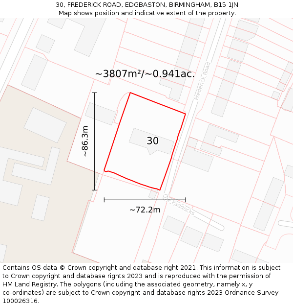 30, FREDERICK ROAD, EDGBASTON, BIRMINGHAM, B15 1JN: Plot and title map