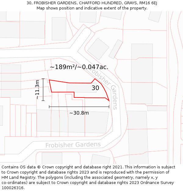 30, FROBISHER GARDENS, CHAFFORD HUNDRED, GRAYS, RM16 6EJ: Plot and title map