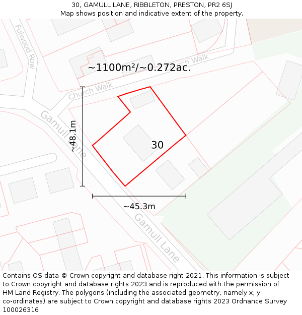 30, GAMULL LANE, RIBBLETON, PRESTON, PR2 6SJ: Plot and title map