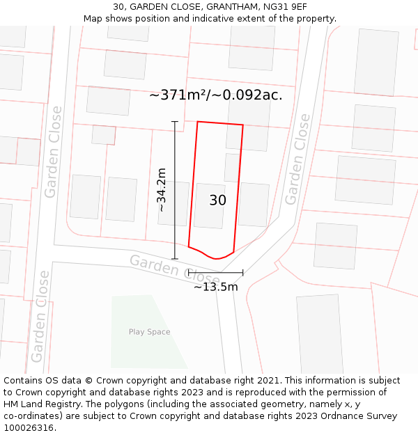 30, GARDEN CLOSE, GRANTHAM, NG31 9EF: Plot and title map