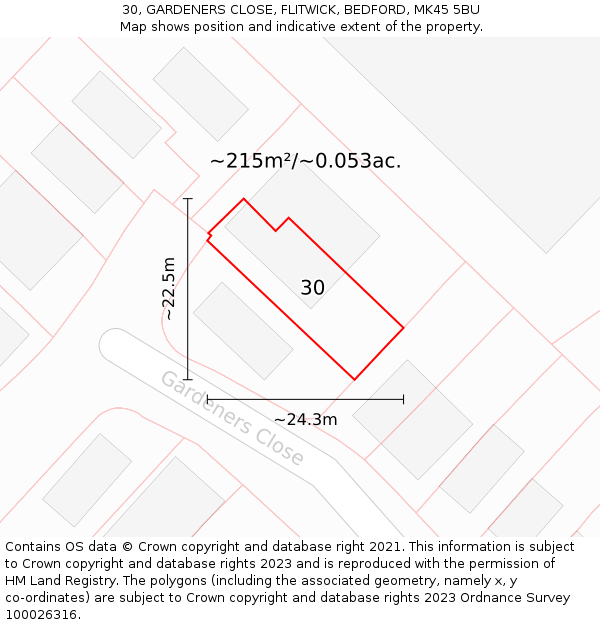 30, GARDENERS CLOSE, FLITWICK, BEDFORD, MK45 5BU: Plot and title map
