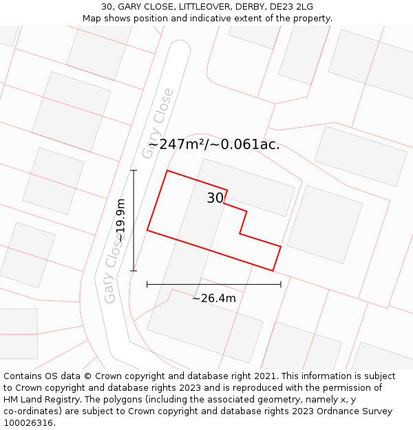 30, GARY CLOSE, LITTLEOVER, DERBY, DE23 2LG: Plot and title map