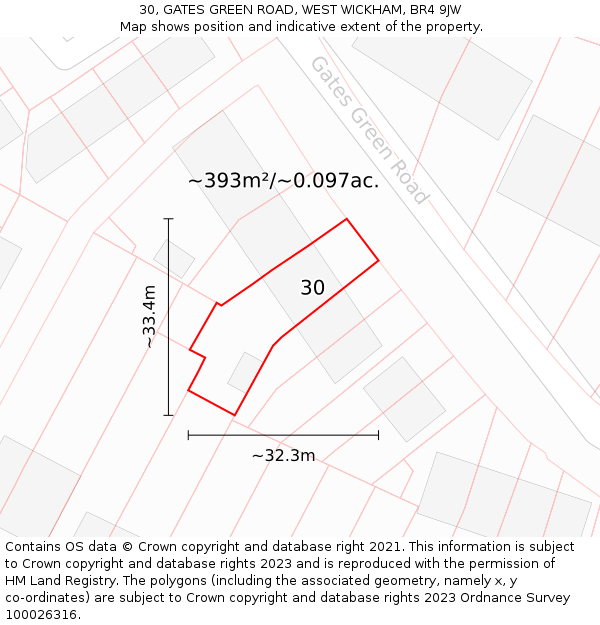 30, GATES GREEN ROAD, WEST WICKHAM, BR4 9JW: Plot and title map