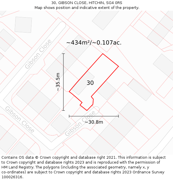 30, GIBSON CLOSE, HITCHIN, SG4 0RS: Plot and title map