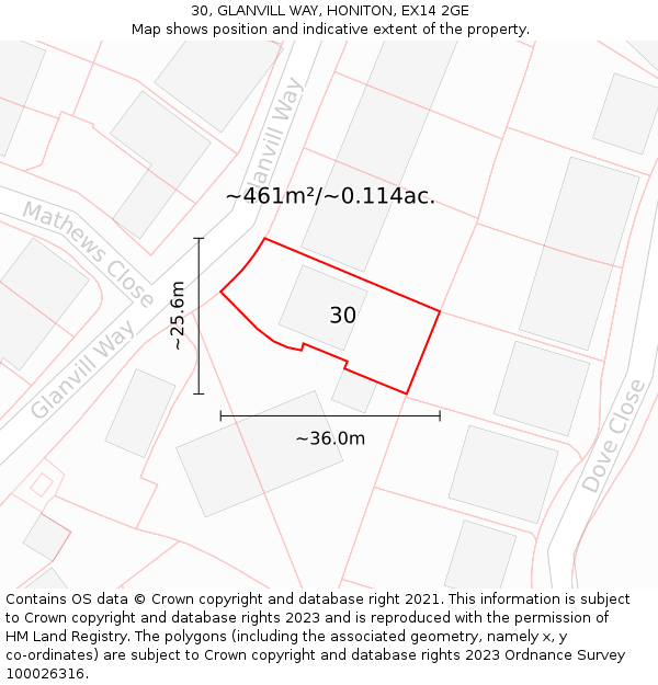 30, GLANVILL WAY, HONITON, EX14 2GE: Plot and title map