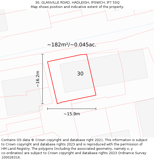 30, GLANVILLE ROAD, HADLEIGH, IPSWICH, IP7 5SQ: Plot and title map