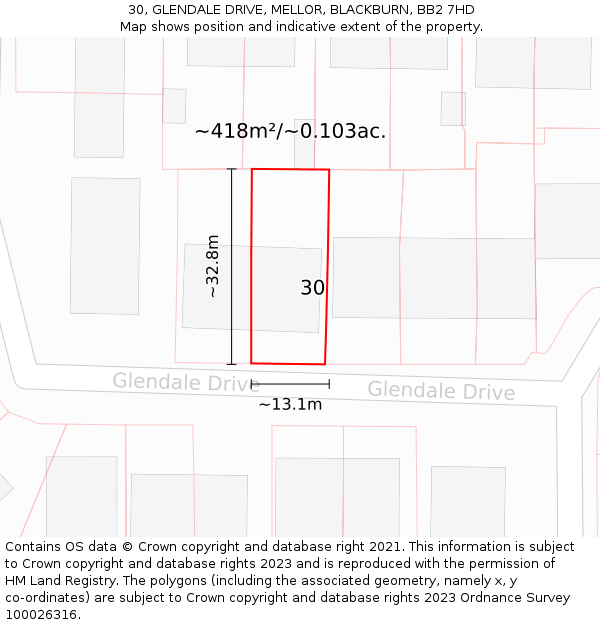 30, GLENDALE DRIVE, MELLOR, BLACKBURN, BB2 7HD: Plot and title map