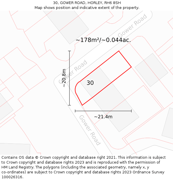 30, GOWER ROAD, HORLEY, RH6 8SH: Plot and title map