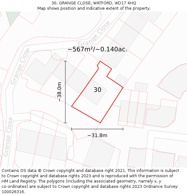 30, GRANGE CLOSE, WATFORD, WD17 4HQ: Plot and title map