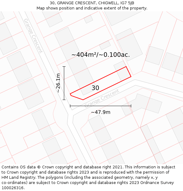 30, GRANGE CRESCENT, CHIGWELL, IG7 5JB: Plot and title map