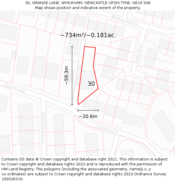 30, GRANGE LANE, WHICKHAM, NEWCASTLE UPON TYNE, NE16 5AE: Plot and title map