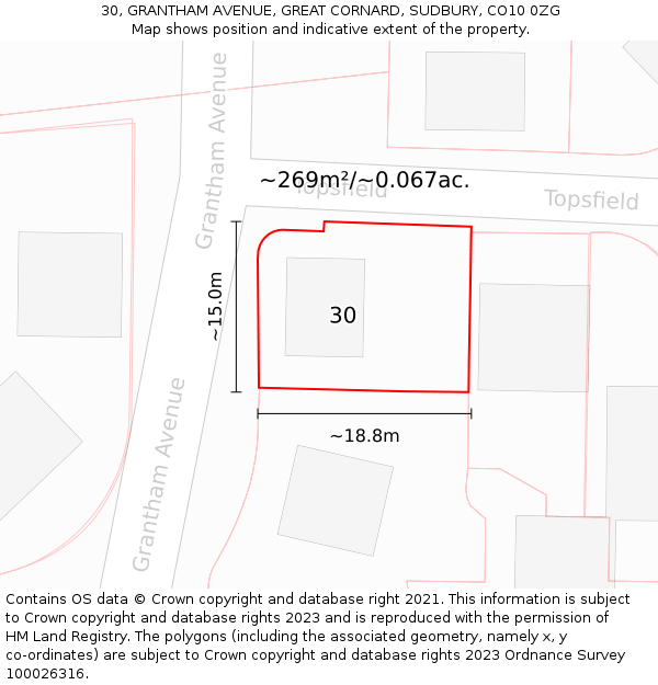 30, GRANTHAM AVENUE, GREAT CORNARD, SUDBURY, CO10 0ZG: Plot and title map
