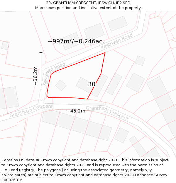 30, GRANTHAM CRESCENT, IPSWICH, IP2 9PD: Plot and title map