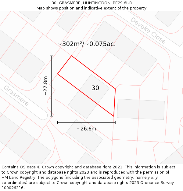 30, GRASMERE, HUNTINGDON, PE29 6UR: Plot and title map