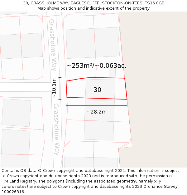 30, GRASSHOLME WAY, EAGLESCLIFFE, STOCKTON-ON-TEES, TS16 0GB: Plot and title map