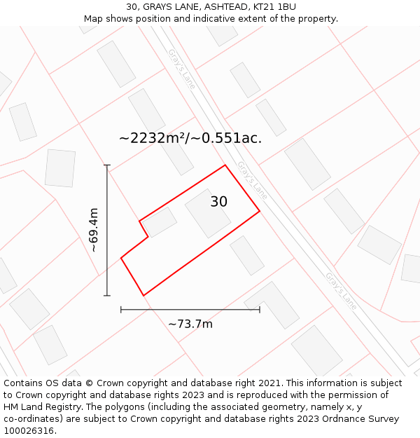30, GRAYS LANE, ASHTEAD, KT21 1BU: Plot and title map