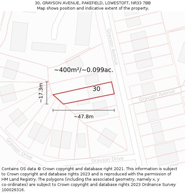 30, GRAYSON AVENUE, PAKEFIELD, LOWESTOFT, NR33 7BB: Plot and title map