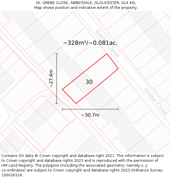 30, GREBE CLOSE, ABBEYDALE, GLOUCESTER, GL4 4XL: Plot and title map