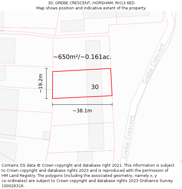 30, GREBE CRESCENT, HORSHAM, RH13 6ED: Plot and title map