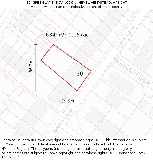 30, GREEN LANE, BOVINGDON, HEMEL HEMPSTEAD, HP3 0HT: Plot and title map