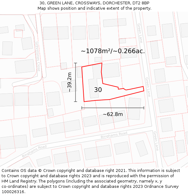 30, GREEN LANE, CROSSWAYS, DORCHESTER, DT2 8BP: Plot and title map