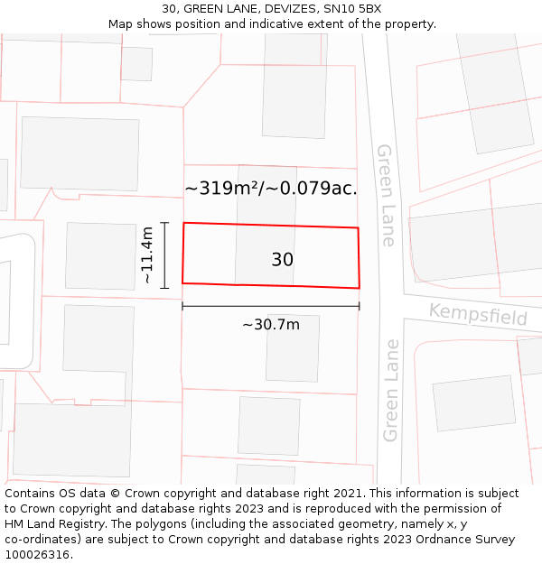 30, GREEN LANE, DEVIZES, SN10 5BX: Plot and title map