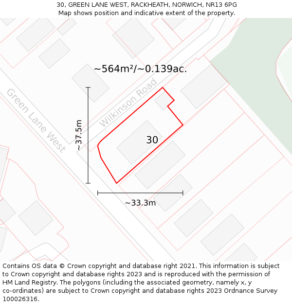 30, GREEN LANE WEST, RACKHEATH, NORWICH, NR13 6PG: Plot and title map