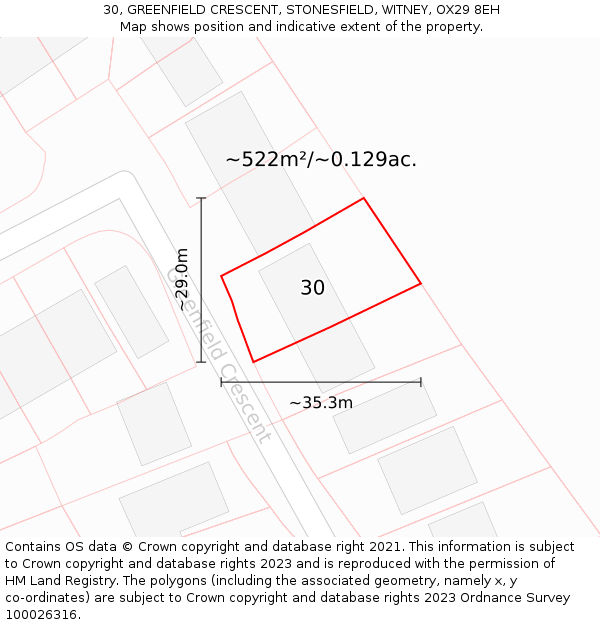 30, GREENFIELD CRESCENT, STONESFIELD, WITNEY, OX29 8EH: Plot and title map
