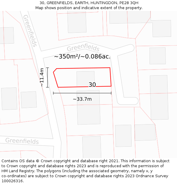 30, GREENFIELDS, EARITH, HUNTINGDON, PE28 3QH: Plot and title map