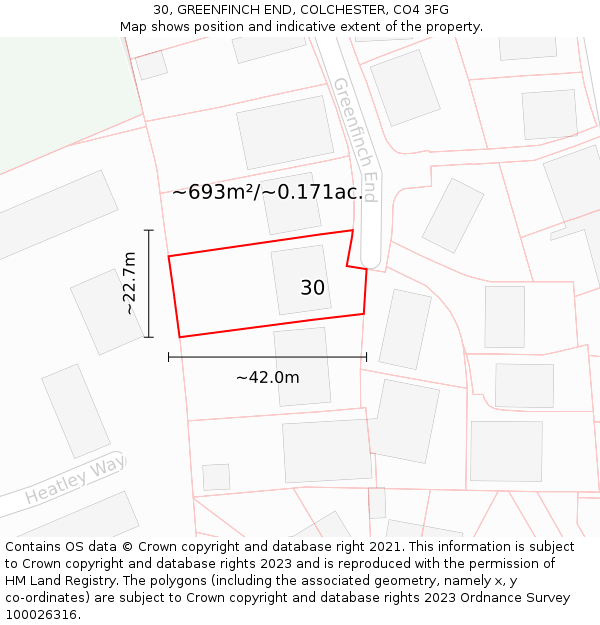 30, GREENFINCH END, COLCHESTER, CO4 3FG: Plot and title map