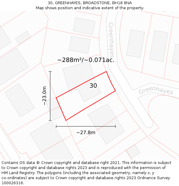 30, GREENHAYES, BROADSTONE, BH18 8NA: Plot and title map